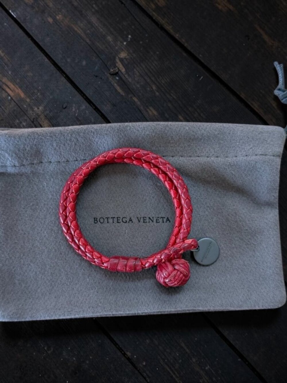 Authentic Bottega Veneta Mens Intrecciato Double Bracelet Red Lambskin Gunmetal